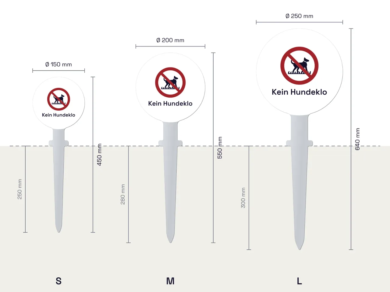 Rasenstecker «Kein Hundeklo» mit Verbotszeichen: S, M und L im Vergleich