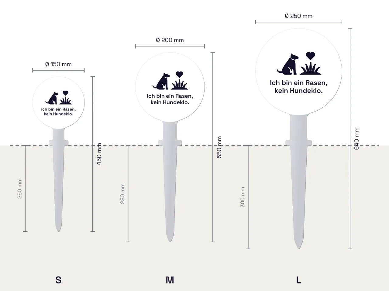 Rasenstecker «Ich bin ein Rasen, kein Hundeklo»: S, M and L compared