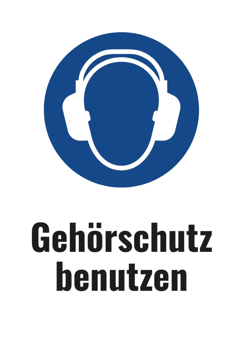 Gebotsschild «Gehörschutz benutzen» mit Text (DIN-Format)