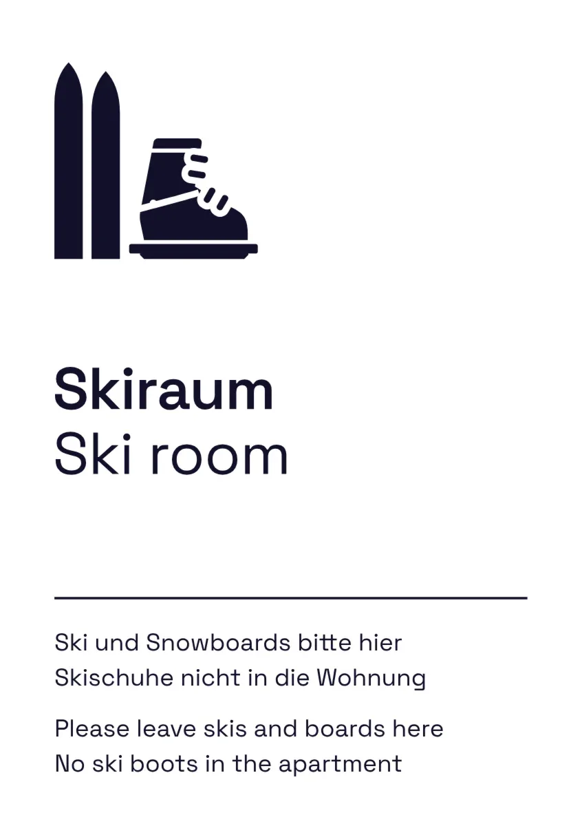 Ferienwohnungsschild «Skiraum» Deutsch und Englisch