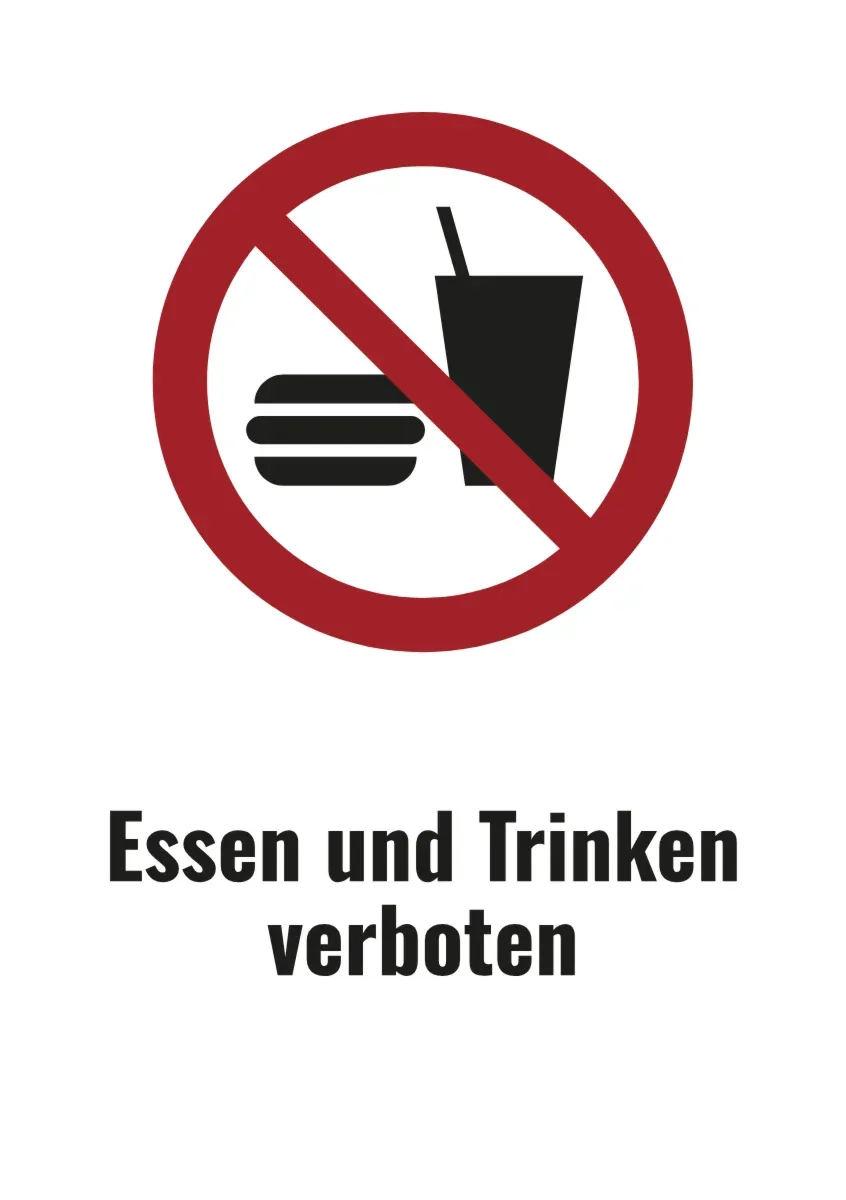No eating or drinking sign with text (DIN format)