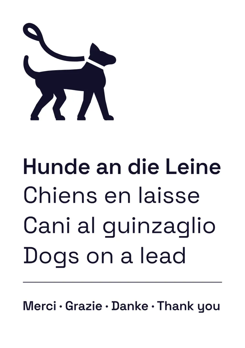 Hinweisschild «Hunde an die Leine» für Wanderwege, mehrsprachig