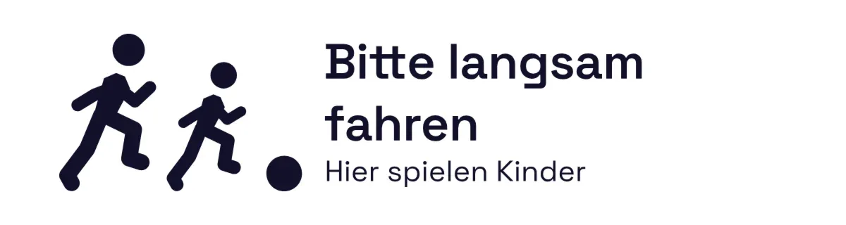 Schild «Bitte langsam fahren» für Zufahrt und Zaun