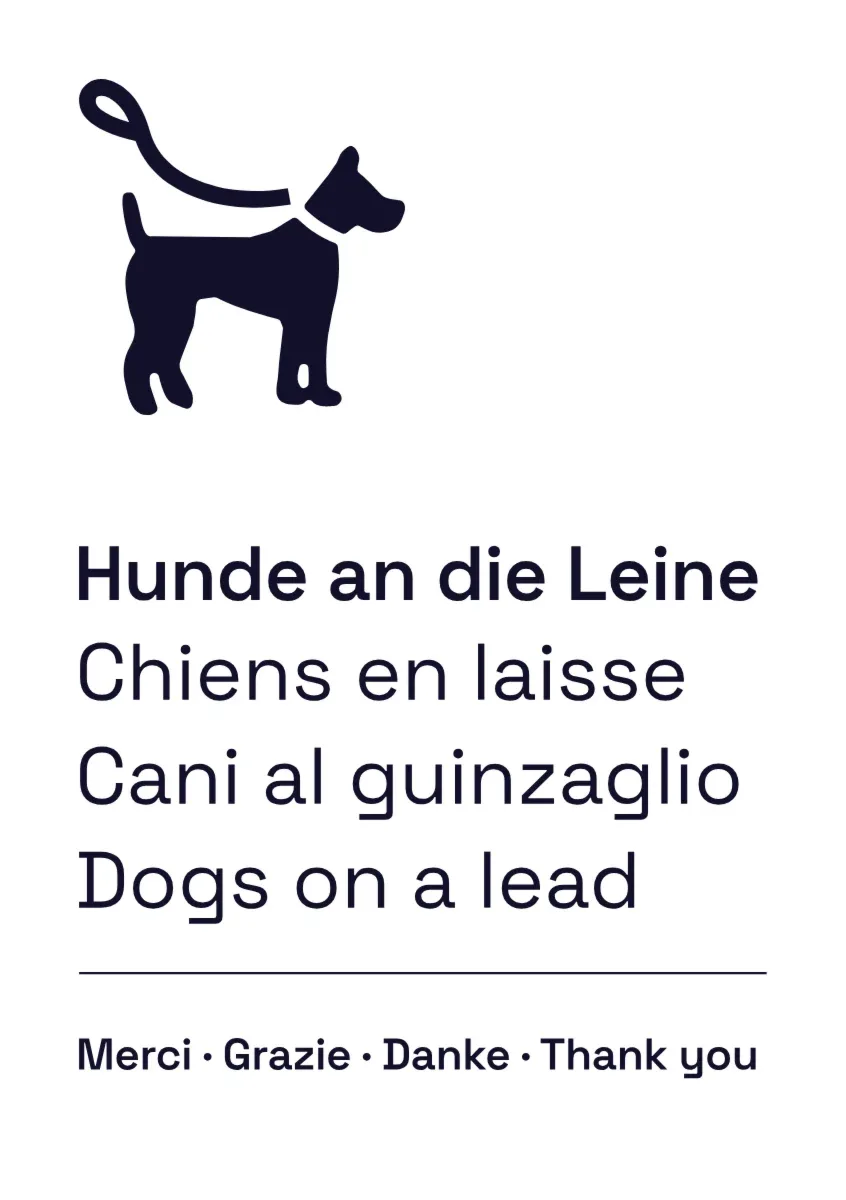 Cartello informativo «Tenere i cani al guinzaglio» per sentieri escursionistici, plurilingue