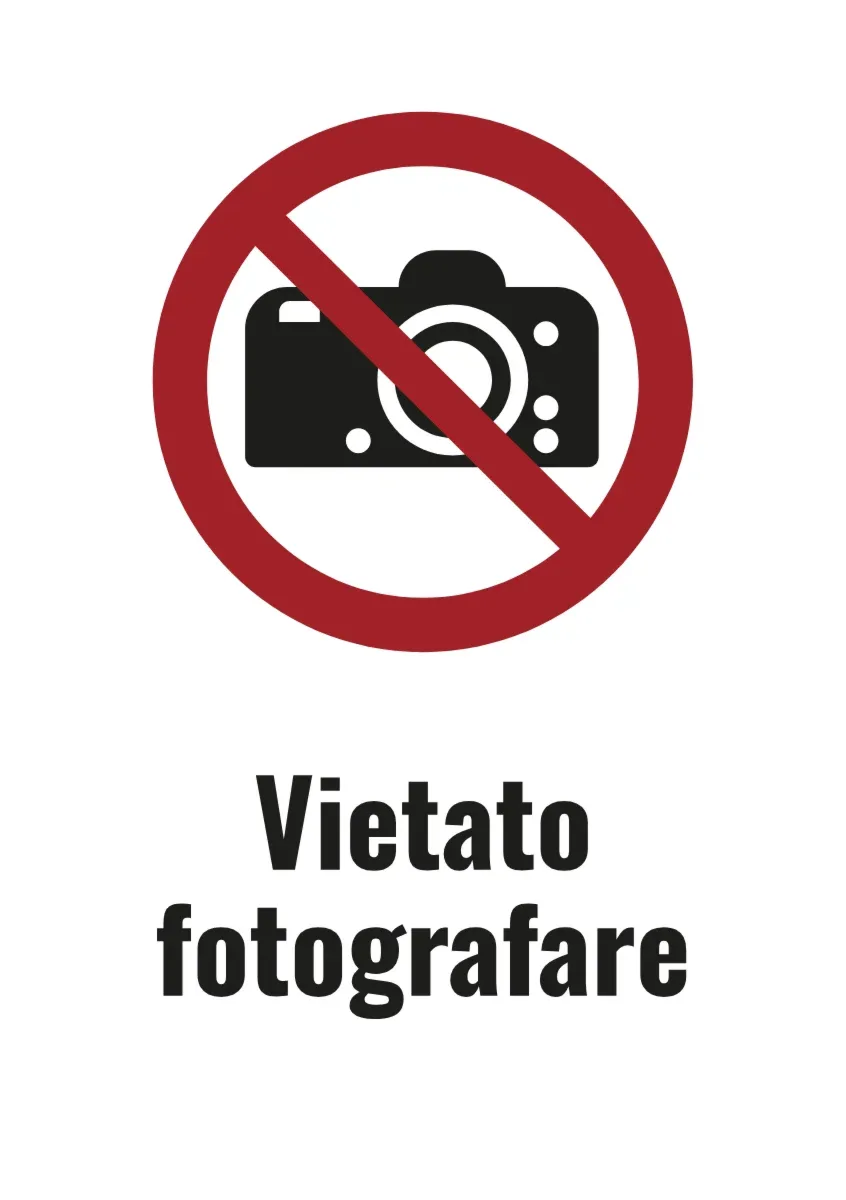 Cartello di divieto «Vietato fotografare» con testo (formato DIN)