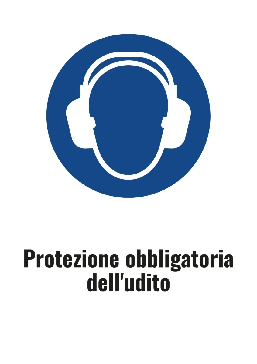 Cartello d'obbligo «Protezione obbligatoria dell'udito» con testo (formato DIN)
