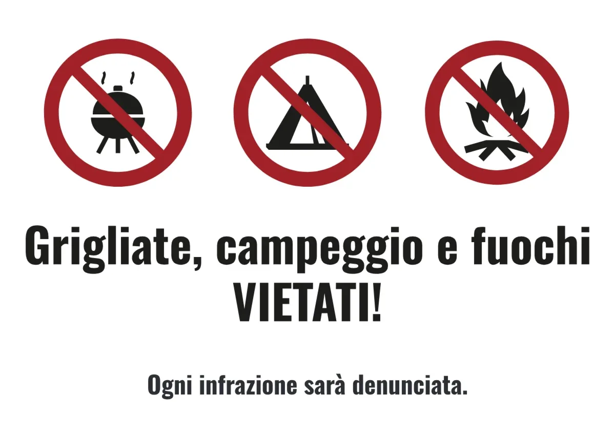 Cartello di divieto «Vietato grigliare, campeggiare e accendere fuochi»