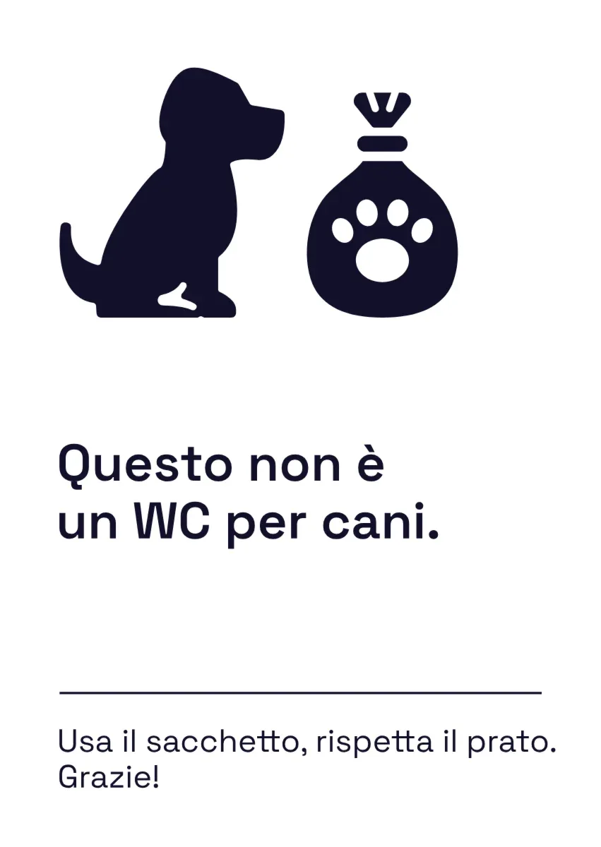 Cartello «Questo non è un WC per cani» con cane e sacchetto