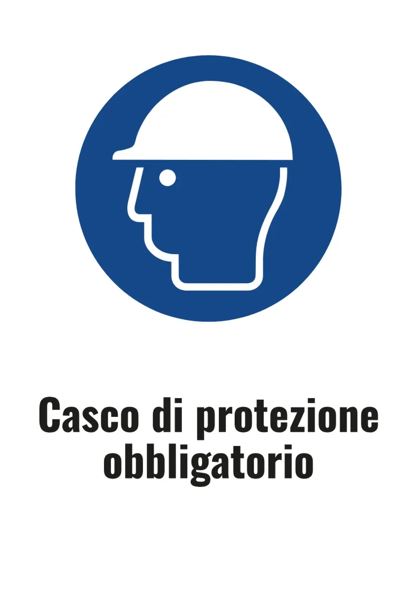 Cartello d'obbligo «Casco di protezione obbligatorio» con testo (formato DIN)