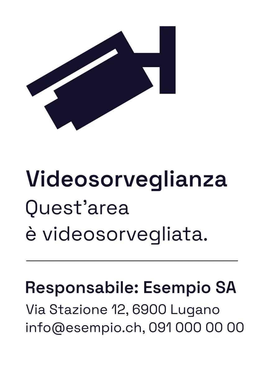 Cartello informativo «Videosorveglianza» con dati di contatto